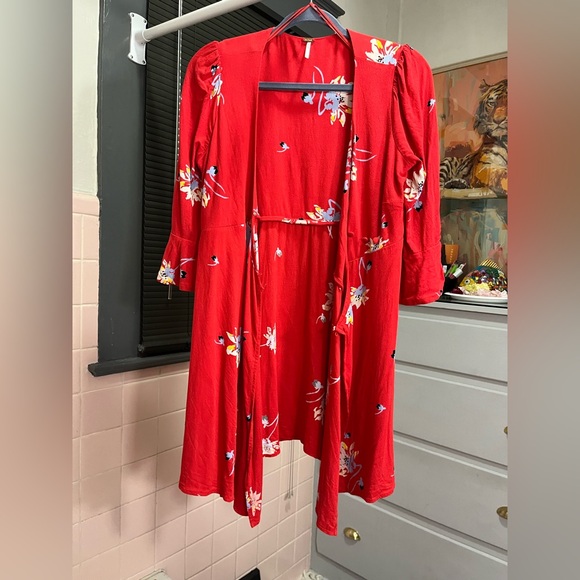 Free People Medium On My Side Floral Red V-Neck Wrap Dress - Picture 7 of 16